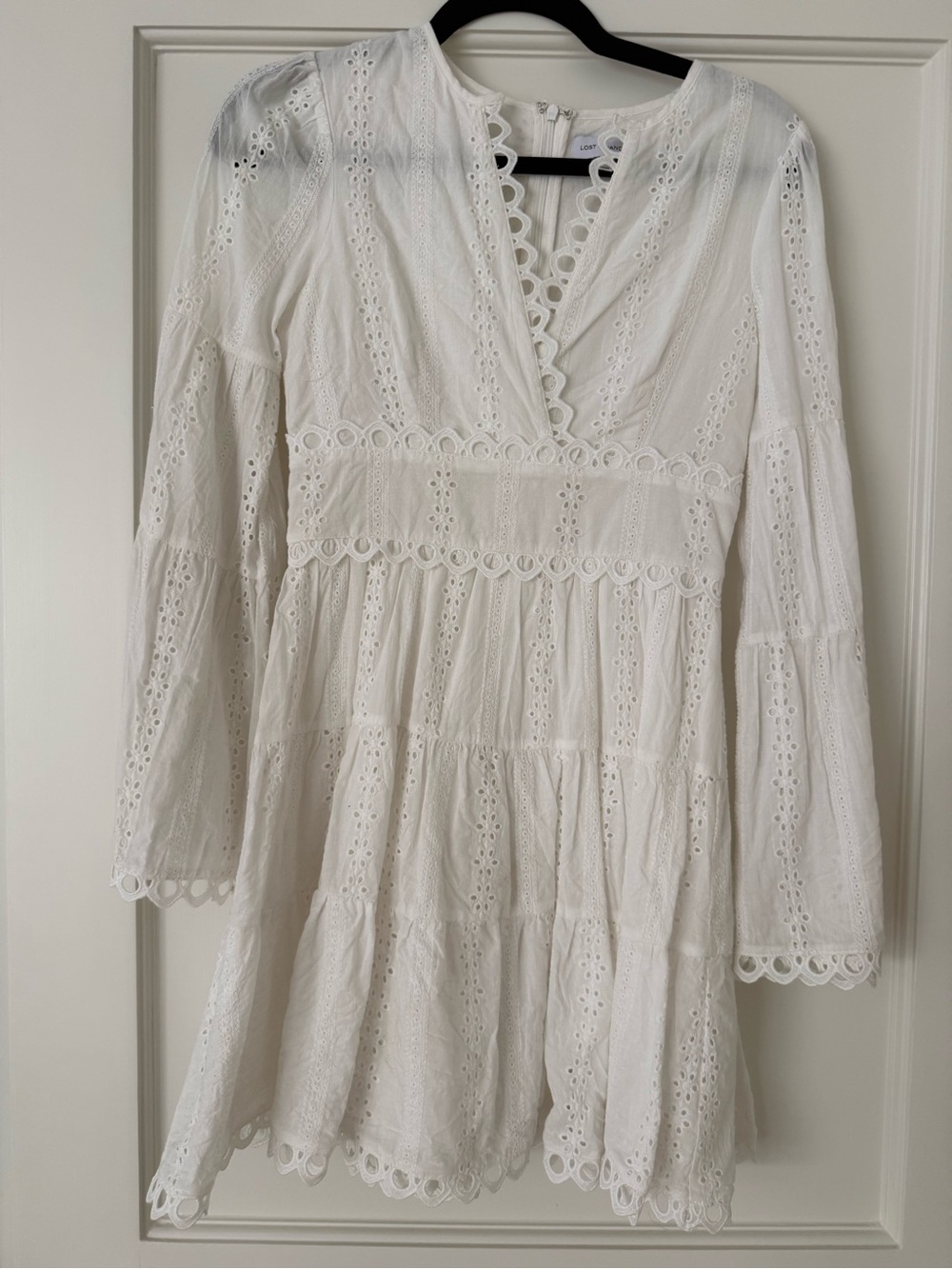 Lost and Wander White Eyelet V-Neck Tiered Mini Dress size XS